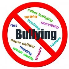 No Bullying logo- showing circle around and red line through the word Bullying